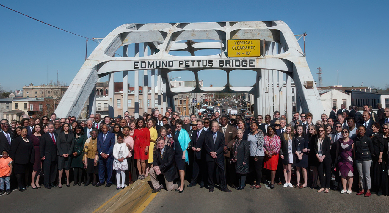 A large group of people standing under the sign on the Edmund Pettus Bridge in Selma, Alabama in 2018.