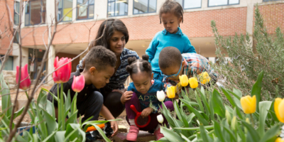 A group of 4 young children and a teacher examining the dirt in a garden of flowers. Photo credit: Allison Shelley/The Verbatim Agency for EDUimages